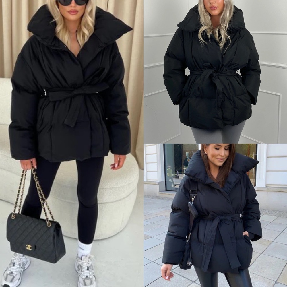 Black tie waist belted puffer jacket coat